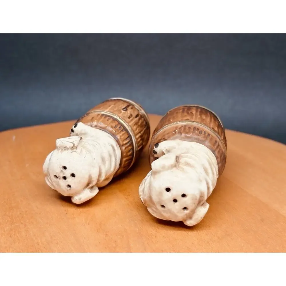 Vintage Japan Bulldog Puppy in Barrel Salt & Pepper Shakers Ceramic Dog Pair